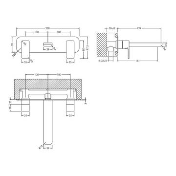 Windon Wall Mounted 3 Tap Hole Basin Mixer With Plate