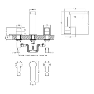 Arvan Deck Mounted 3 Tap Hole Basin Mixer With Pop Up Waste