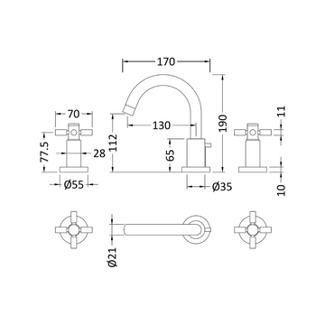 HR Tec Crosshead 3 Tap Hole Basin Mixer