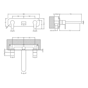 Arvan Wall Mounted 3 Tap Hole Basin Mixer With Plate