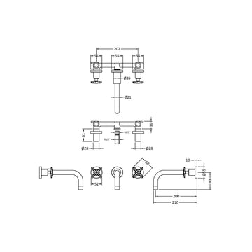 Aztec Wall Mount 3 Tap Hole Basin Mixer