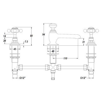 HR White Topaz With Crosshead Handle 3 Tap Hole Basin Mixer