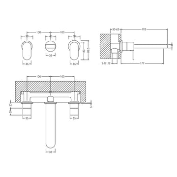 Binsey Wall Mounted 3 Tap Hole Basin Mixer