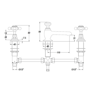 HR Brass Topaz With Crosshead Handle 3 Tap Hole Basin Mixer