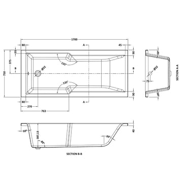 Shower Baths Square Straight Shower Bath 1700mm x 750mm