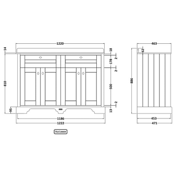 HR Floor Standing 4 Door Vanity Unit with 3 Tap Hole Double Basin Grey Marble Top 1200mm