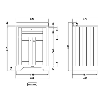 HR Floor Standing 2 Door Vanity Unit with 3 Tap Hole Black Marble Top 600mm