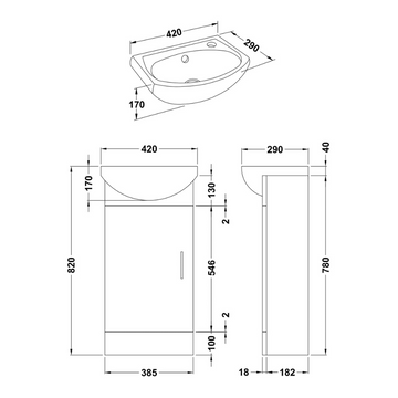 Mayford Floor Standing Single Door Cloakroom Vanity Unit with Ceramic Basin 420mm