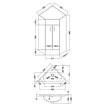 Mayford Floor Standing 2 Door Corner Vanity Unit with Ceramic Basin