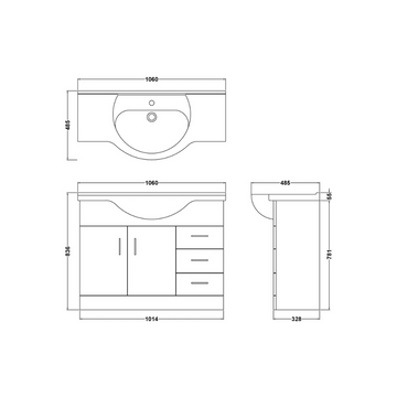 Mayford Floor Standing 2 Door 3 Drawer Vanity Unit with Round Basin 1050mm