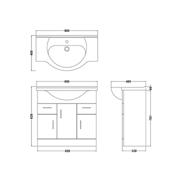 Mayford Floor Standing 3 Door 2 Drawer Vanity Unit with Round Basin 850mm