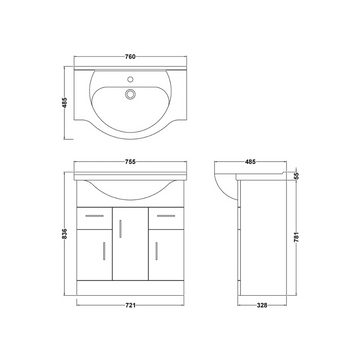 Mayford Floor Standing 3 Door 2 Drawer Vanity Unit with Round Basin 750mm