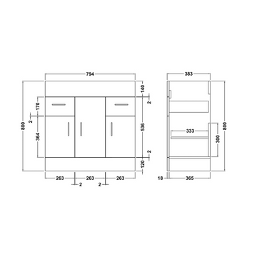 Eden Floor Standing 3 Door 2 Drawer Vanity Cabinet 800mm