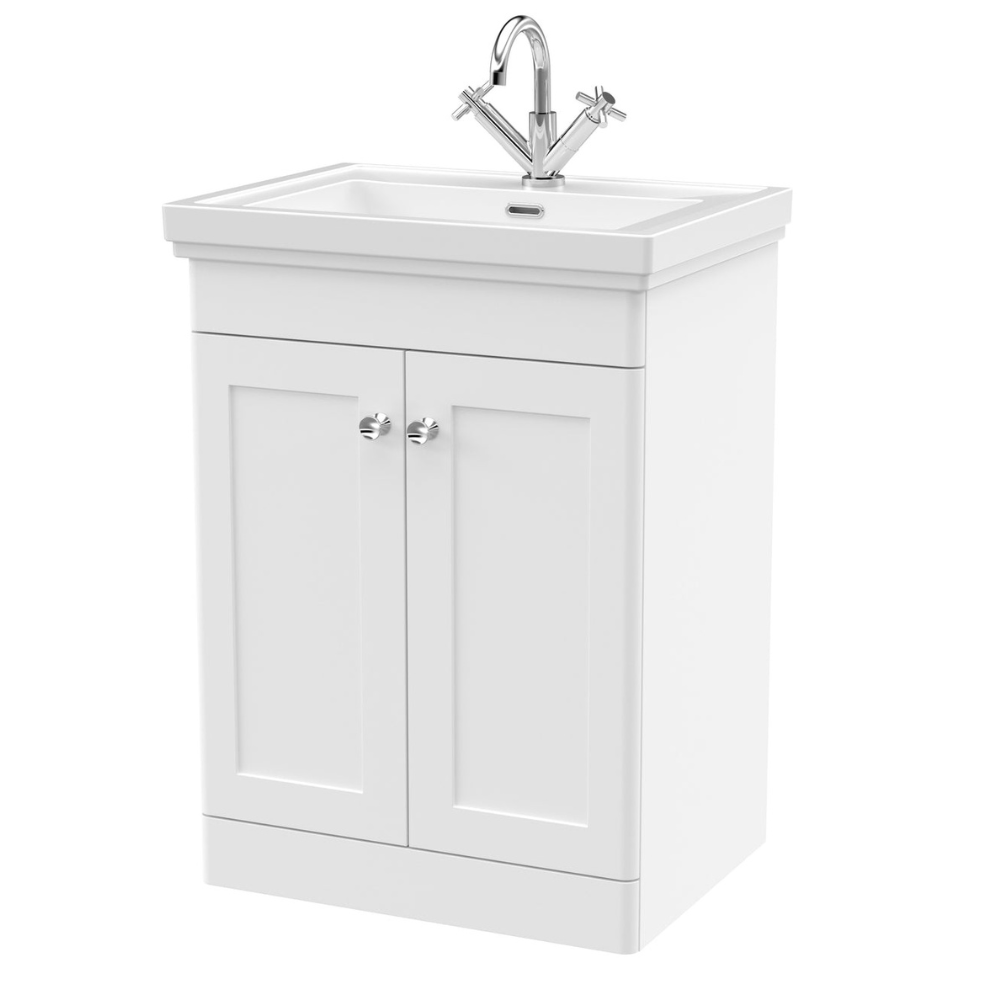 Classique Floor Standing 2 Door Vanity Basin Unit & 1 Tap Hole Fireclay Basin, 600mm