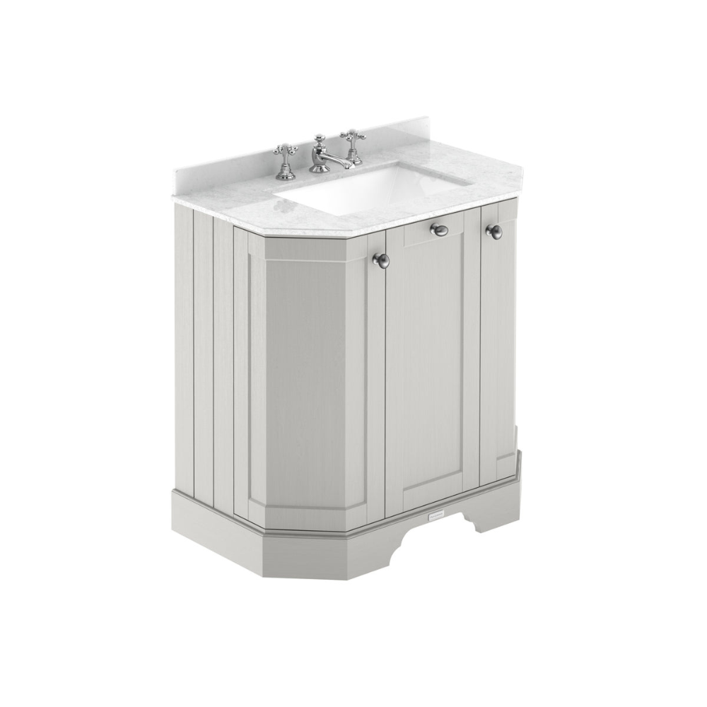 HR Floor Standing 3 Door Angled Vanity Unit with 3 Tap Hole White Marble Top 750mm