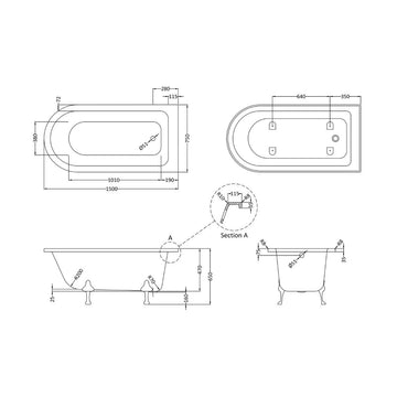 HR Single Ended Freestanding Shower Bath - Corbel Leg Set 1500mm