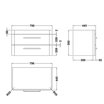 HR Solar Wall Hung 2 Drawer Vanity Cabinet 800mm