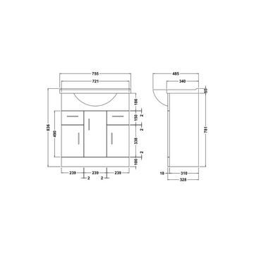 Mayford Floor Standing 3 Door 2 Drawer Vanity Unit 750mm