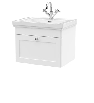 Classique Wall Hung 1 Drawer Vanity Basin Unit & 1 Tap Hole Fireclay Basin, 600mm