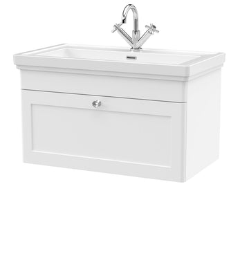 Classique Wall Hung 1 Drawer Vanity Basin Unit & 1 Tap Hole Fireclay Basin, 800mm